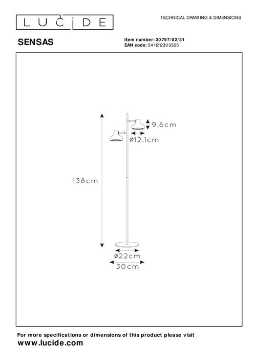 Lucide SENSAS - Vloerlamp - 2xGU10 (ES111) - Wit - technisch
